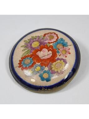 Japanese Satsuma Porcelain Pinback Brooch Floral Torii Mark VTG Antique AS IS